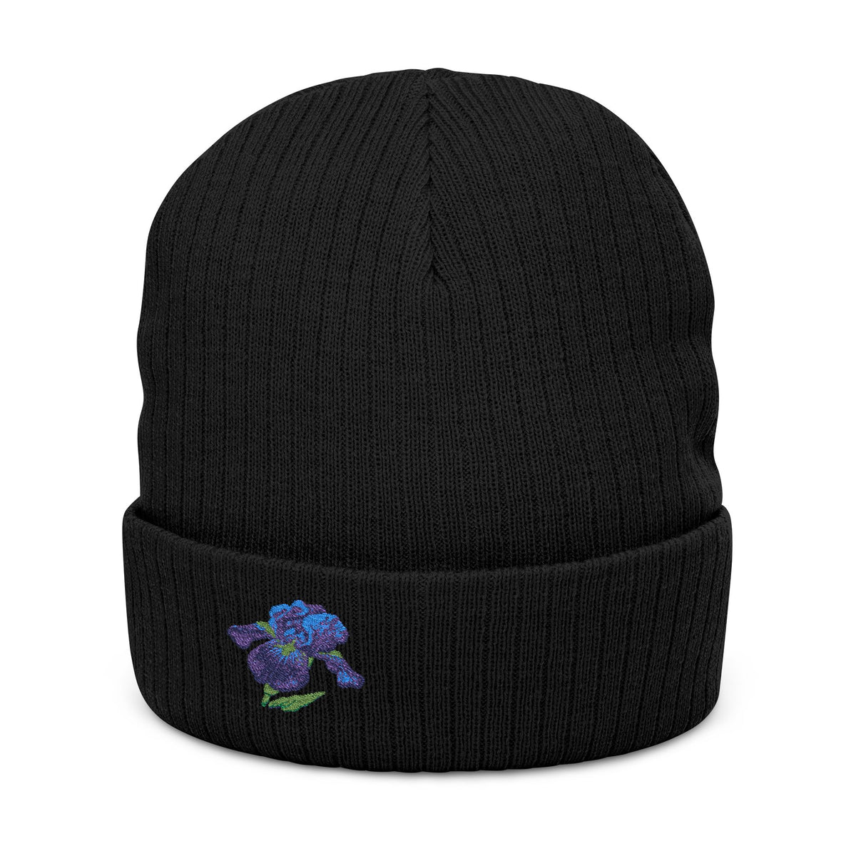 Soft knit embroidered iris beanie hat with floral design, unisex winter hat by WyldeHaven Apparel, showcasing colorful embroidery.