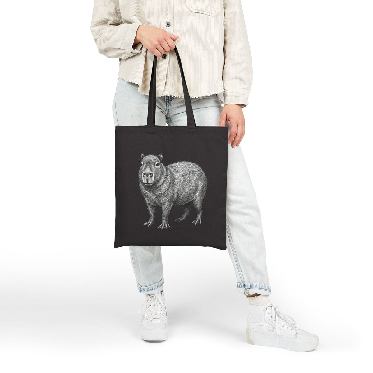 Capybara tote bag with detailed wildlife illustration from Wyldelife Collection, featuring a realistic capybara design on durable bag.