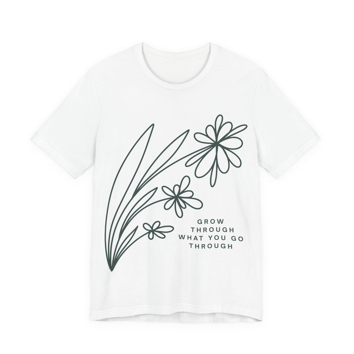 Floral inspirational graphic T-shirt by Printify featuring the message "Grow Through What You Go Through" on a casual tee.