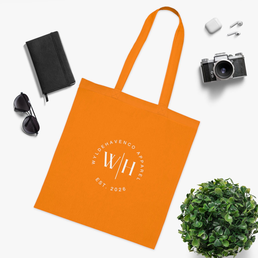 White canvas tote bag with monogram circle print and WH logo, casual cotton tote bag by Printify.