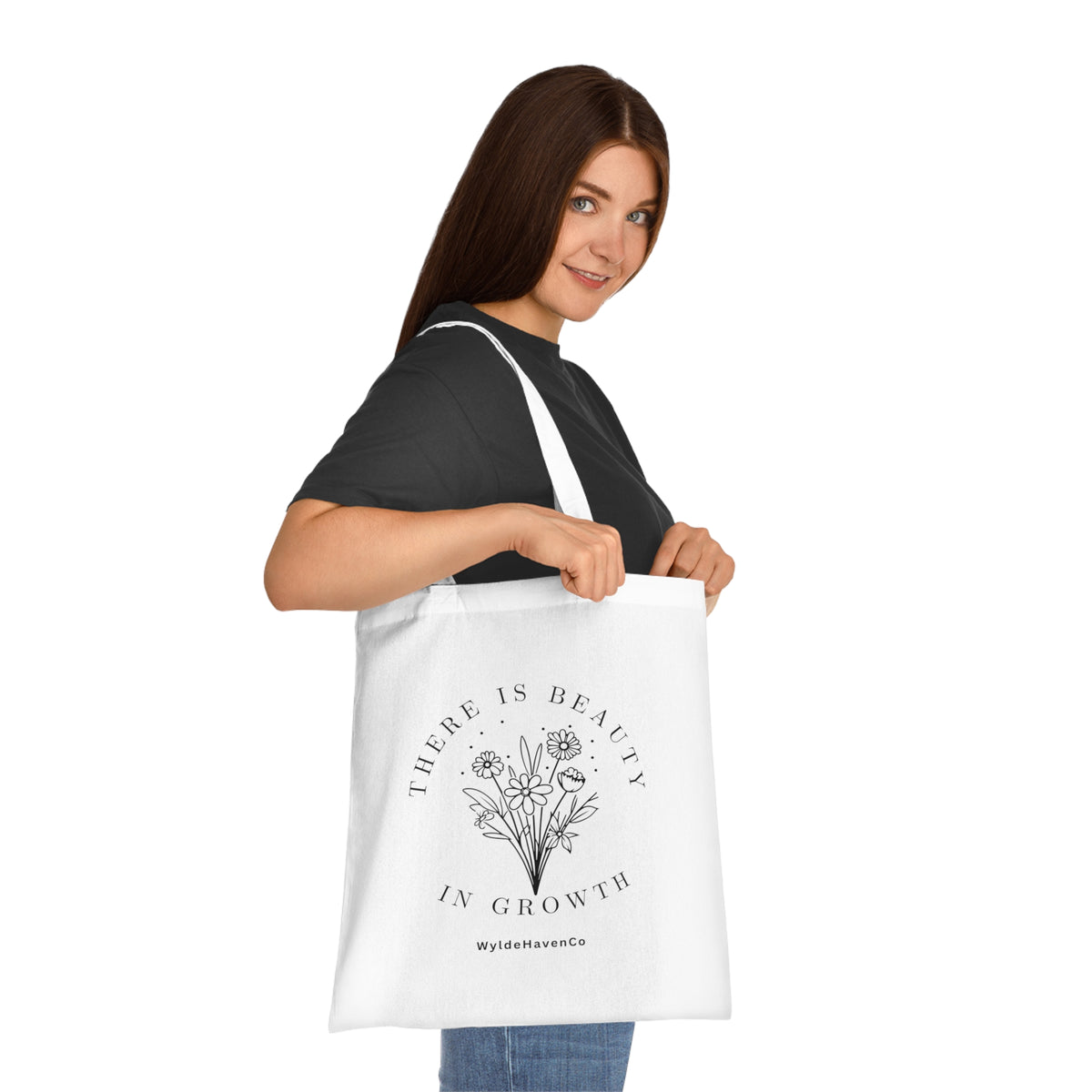 Floral cotton tote bag with "There Is Beauty In Growth" text, featuring vibrant flower designs, by Printify.