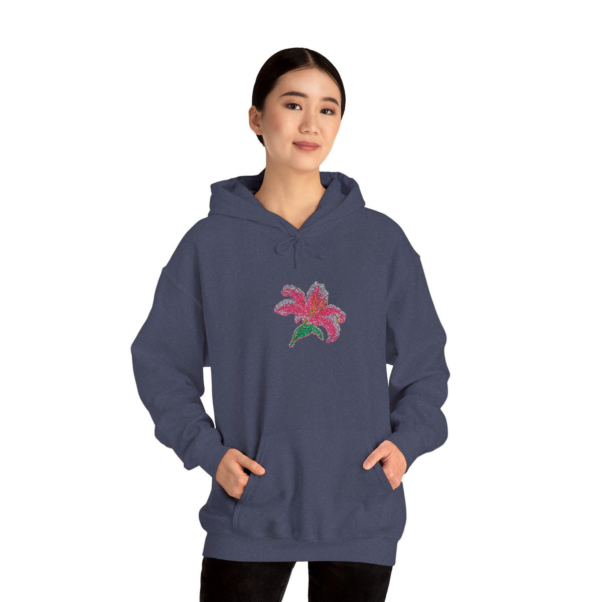 Embroidered Lily Flower hoodie by Printify featuring a center front floral embroidery on a casual hoodie.
