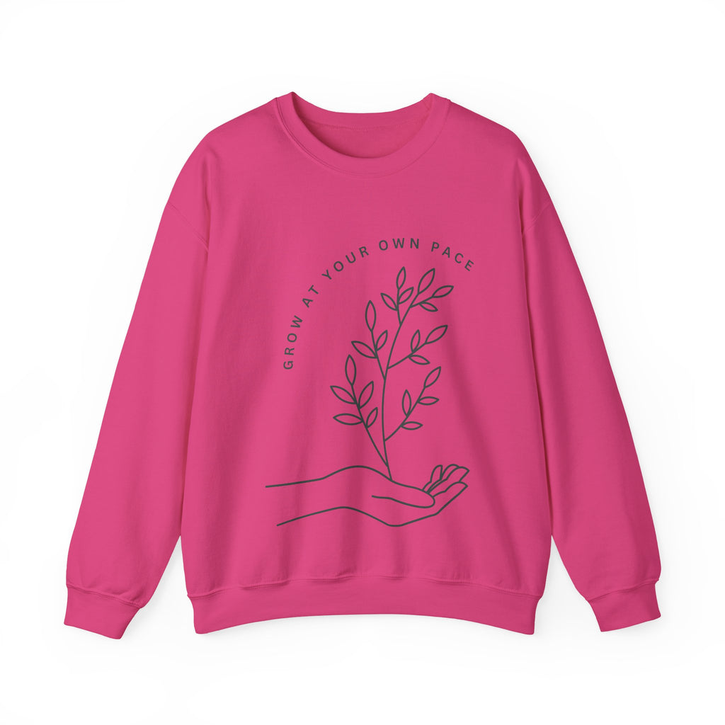 Printify Grow At Your Own Pace crewneck sweatshirt featuring minimalist line art design on soft fabric.