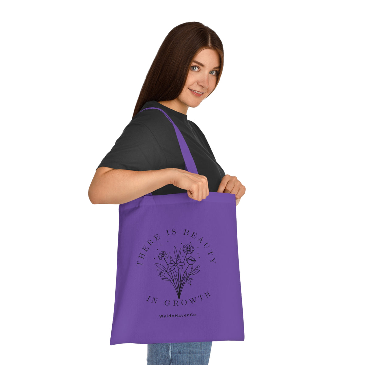 Floral cotton tote bag with "There Is Beauty In Growth" quote, featuring colorful flower designs, by Printify.