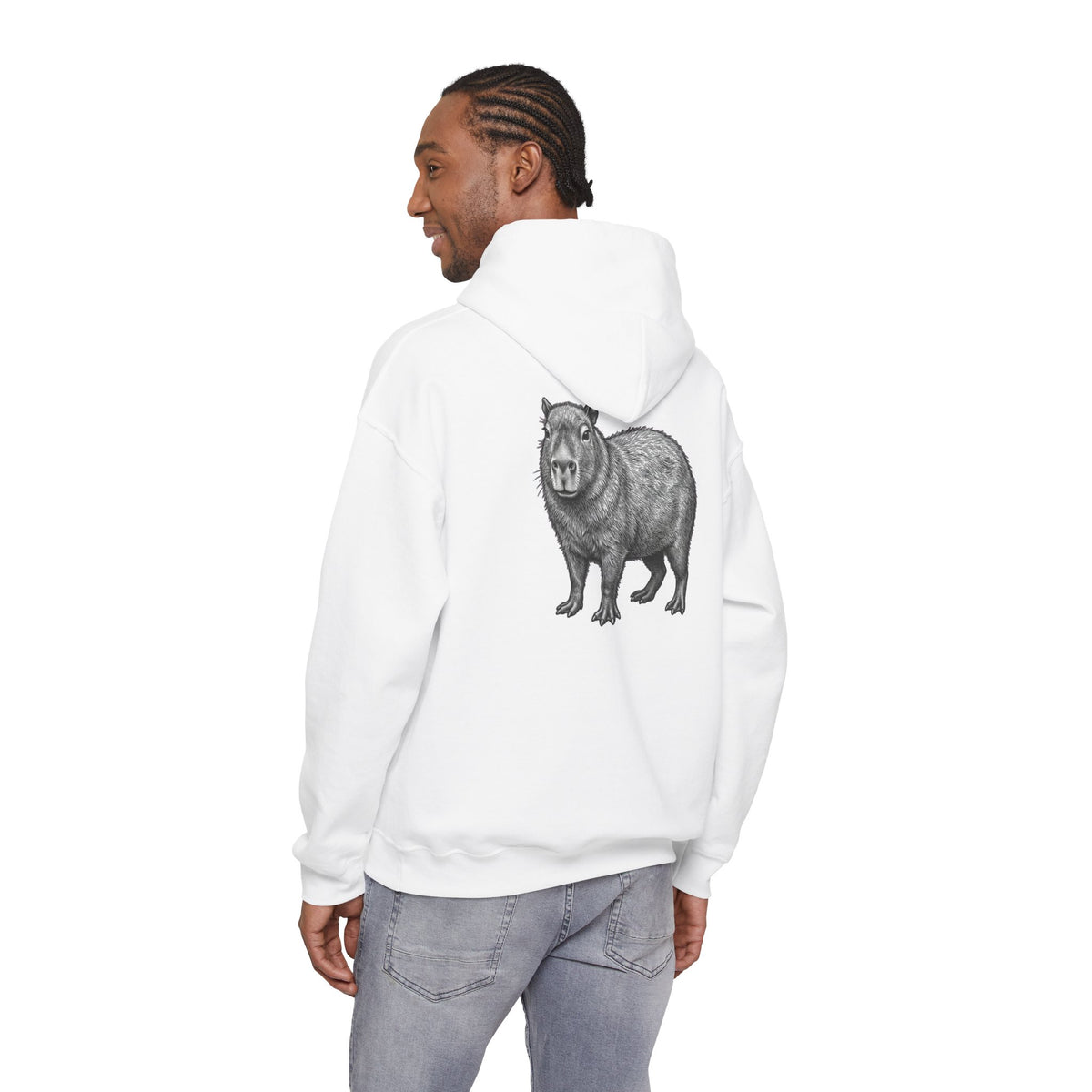 Gray hoodie featuring a large graphic print of a capybara on the back from the Wyldelife Collection by Printify.