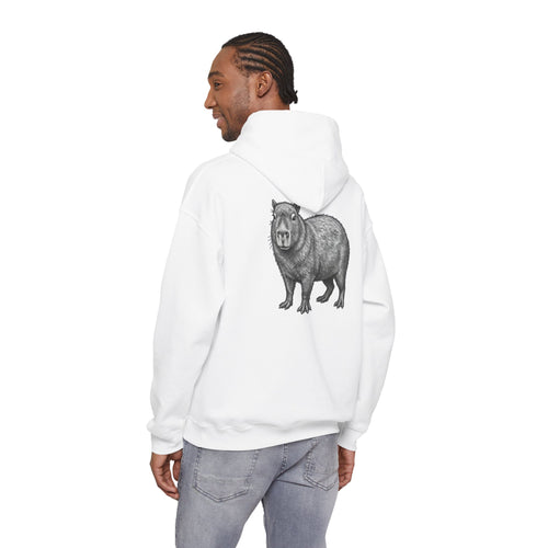Gray hoodie featuring a large graphic print of a capybara on the back from the Wyldelife Collection by Printify.
