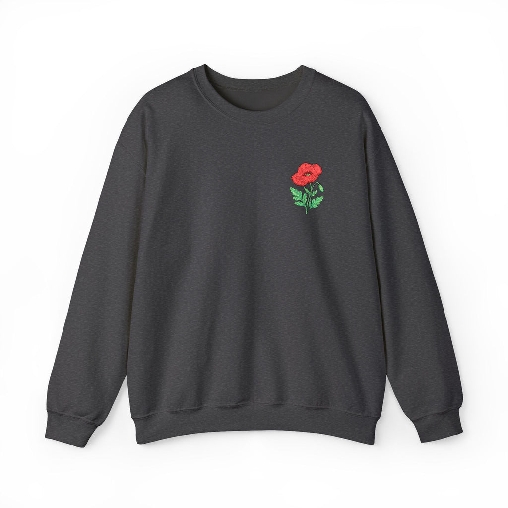 Unisex embroidered sweatshirt with floral poppy design on the left chest, featuring a comfortable fit and casual style.