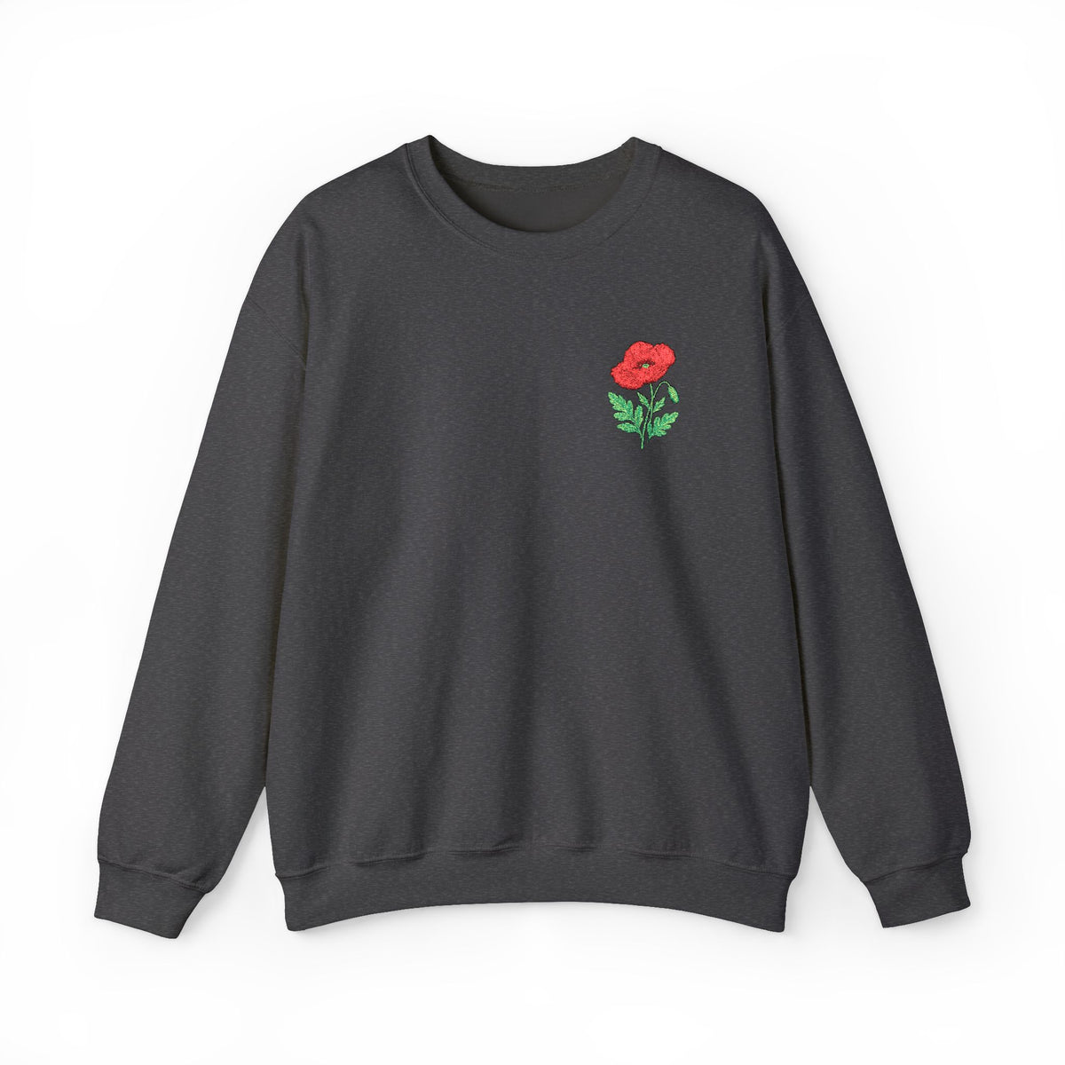 Unisex embroidered sweatshirt with floral poppy design on the left chest, featuring a comfortable fit and casual style.