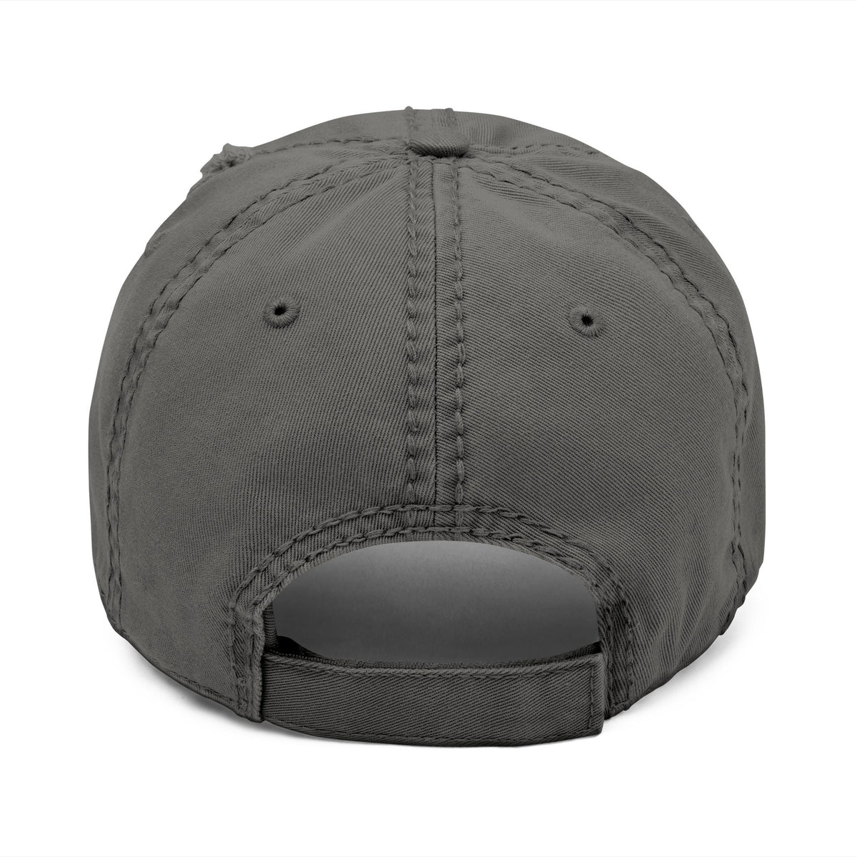 Distressed embroidered dad hat featuring vintage washed baseball cap style by Printify, showing worn fabric and detailed embroidery.