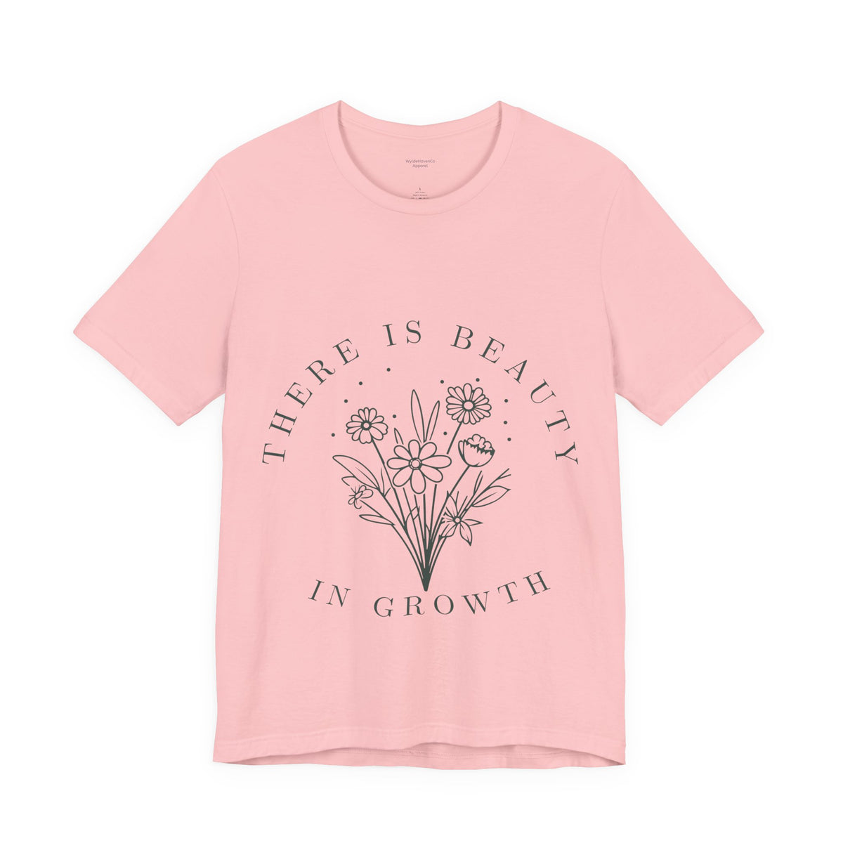 Printify floral T-shirt featuring a colorful "There Is Beauty In Growth" design on soft cotton fabric.