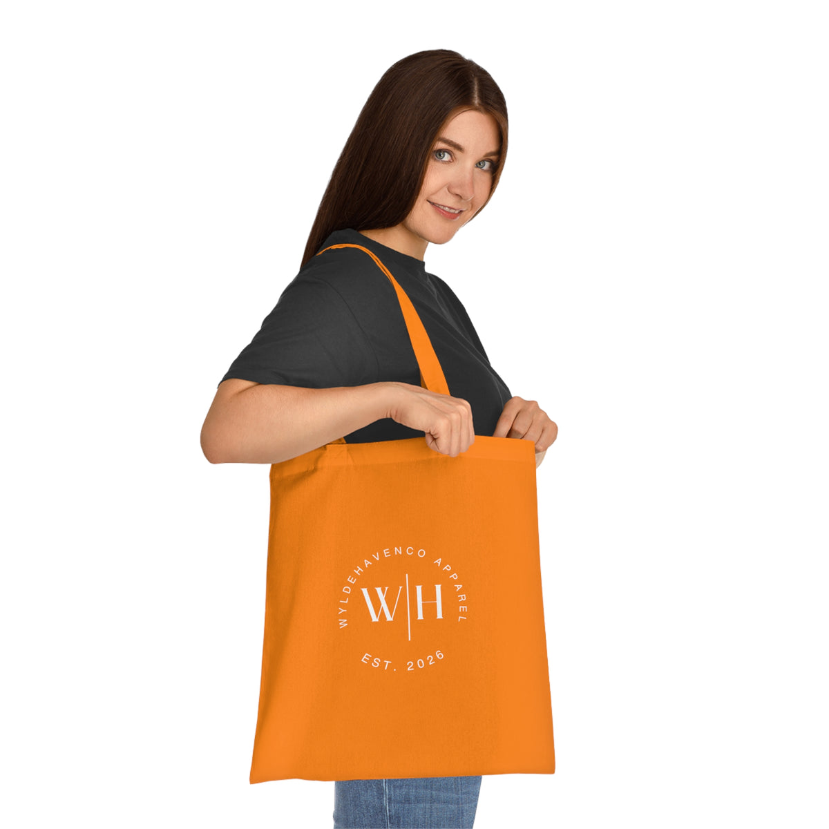 Printify Monogram Circle Cotton Tote bag with WH logo, featuring a canvas design and sturdy handles for everyday use.