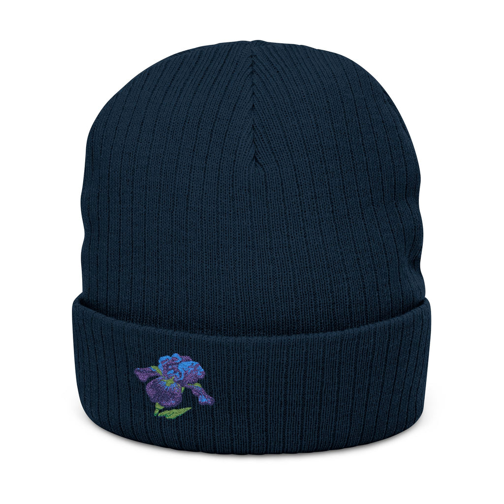Embroidered Iris Beanie Hat by WyldeHaven Apparel, soft knit winter hat with floral embroidery, unisex design for everyday wear.