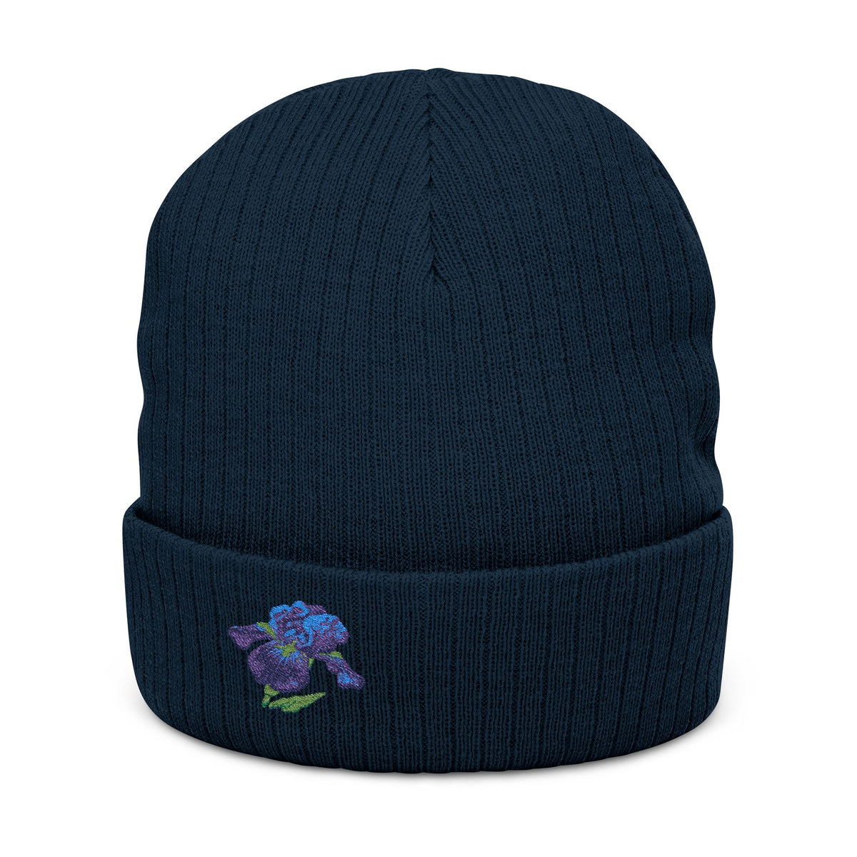 Embroidered Iris Beanie Hat by WyldeHaven Apparel, soft knit winter hat with floral embroidery, unisex design for everyday wear.