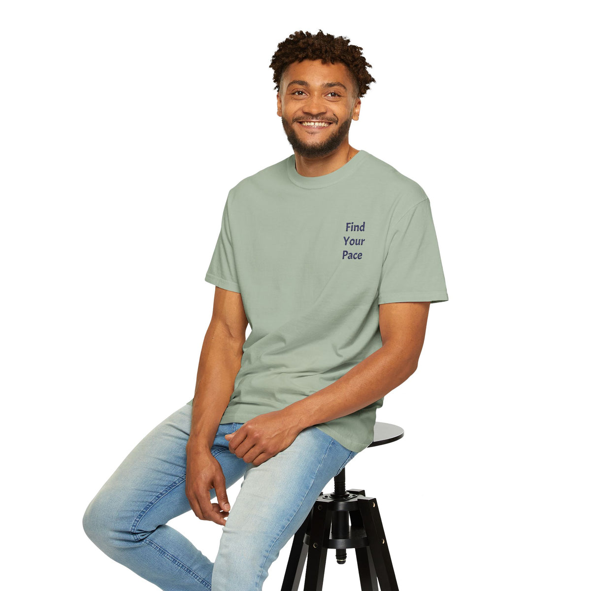 Black Find Your Pace T-Shirt by Printify featuring a minimal motivational chest print on soft cotton fabric.