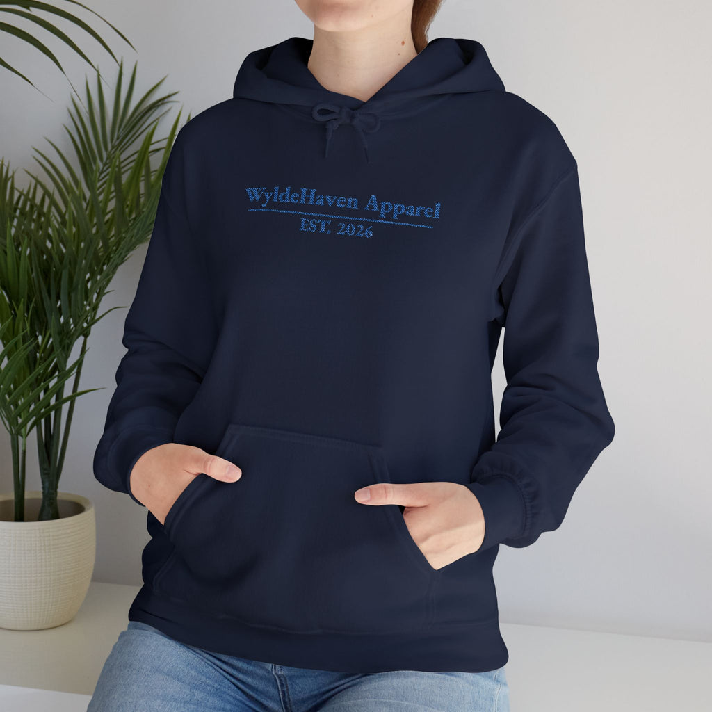 Black WyldeHaven Apparel Signature embroidered hoodie with detailed logo and cozy fabric, designed by Printify.
