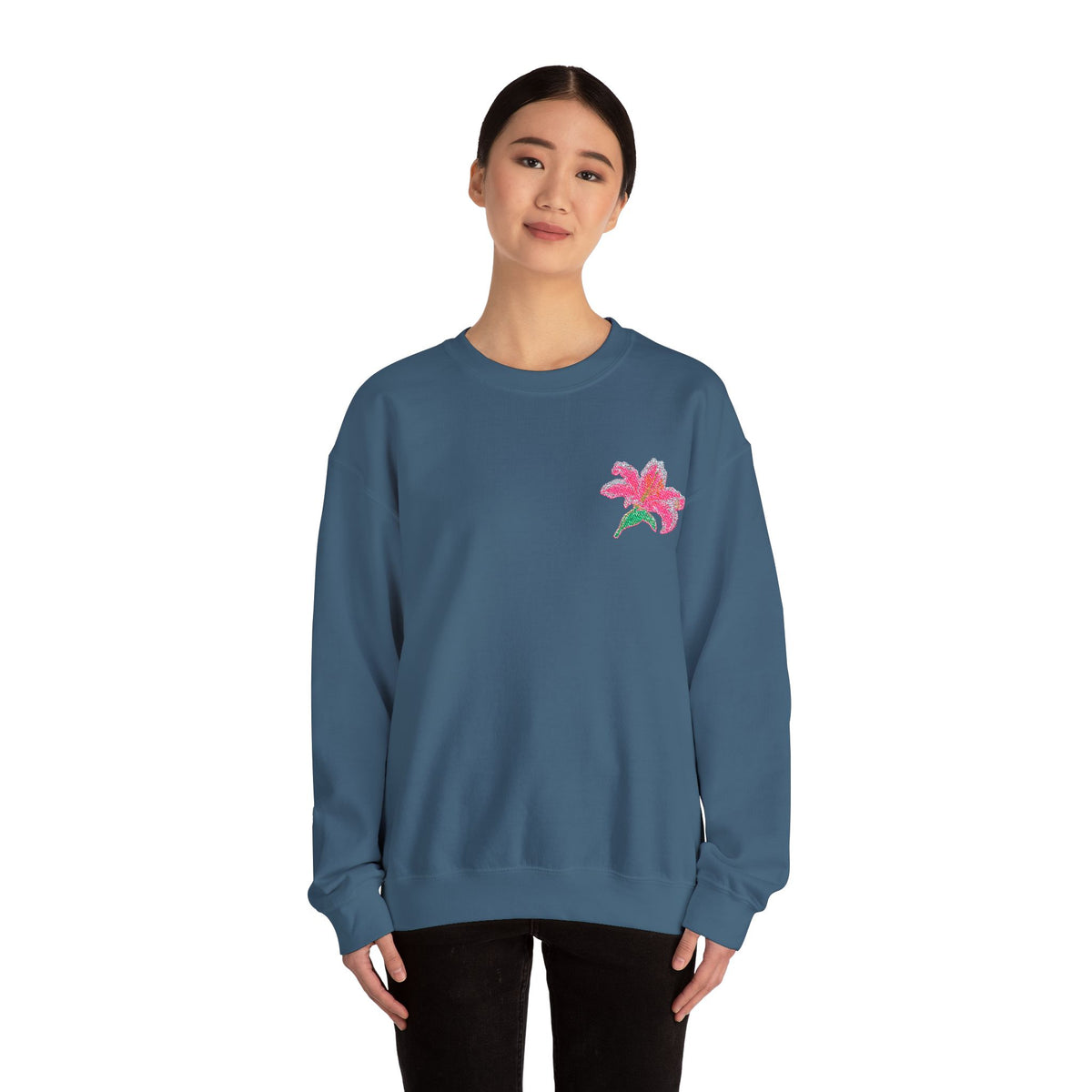 Unisex embroidered lily sweatshirt by Printify featuring floral design on the left chest, casual and comfortable jumper.