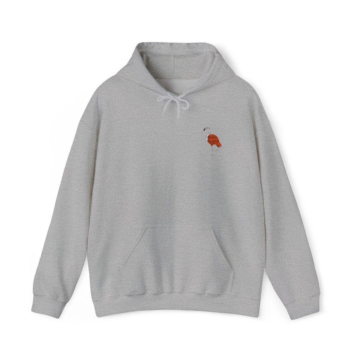 Pink flamingo embroidered hoodie by Printify, featuring wildlife embroidery on a premium unisex hoodie from Wyldelife Collection.
