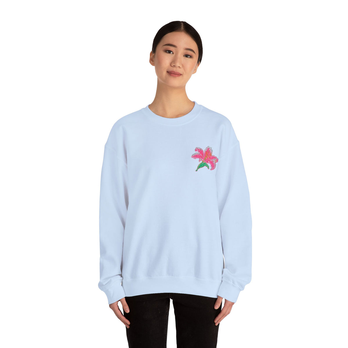 Unisex embroidered lily sweatshirt with floral design on the left chest, made by Printify. Comfortable, casual jumper for everyday wear.