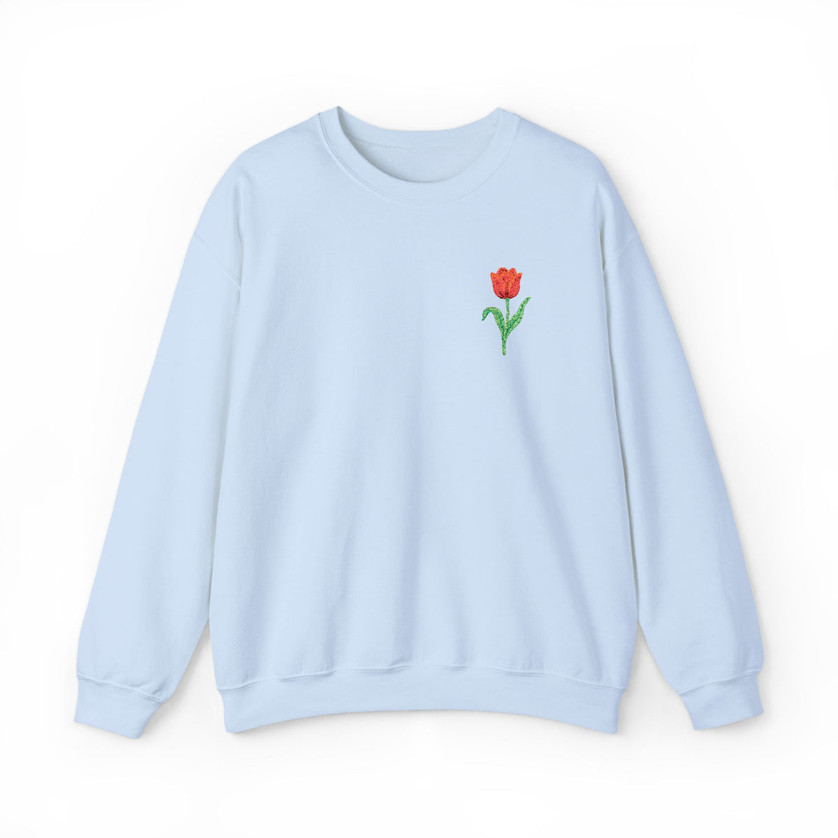 Unisex embroidered sweatshirt with a floral tulip design on the left chest, featuring colorful floral embroidery on a cozy fabric.