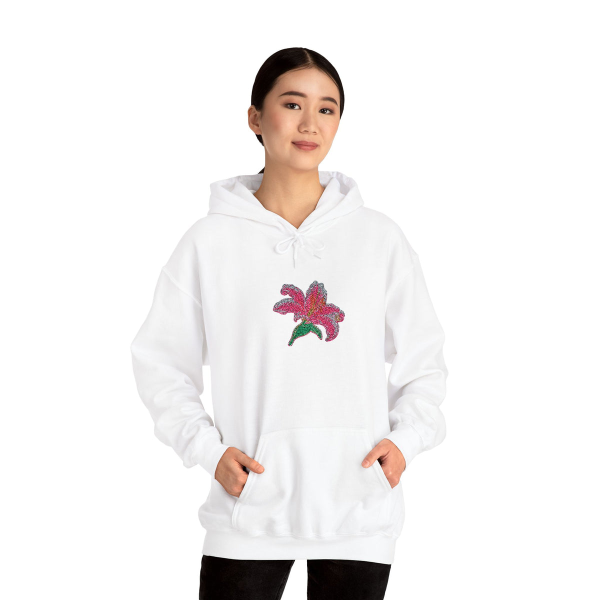 Embroidered Lily Flower hoodie by Printify featuring a center-front floral design on a casual hoodie.