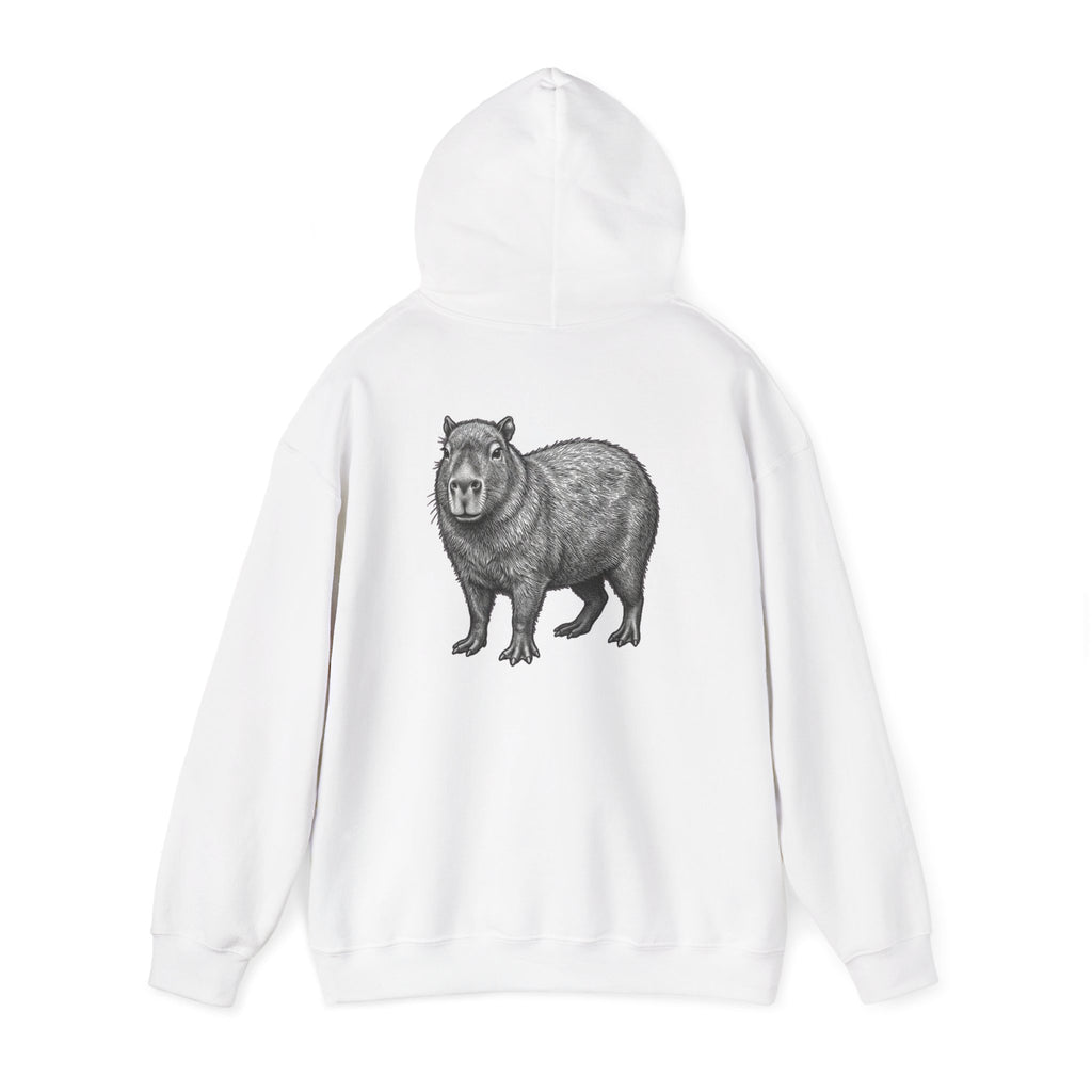 Gray hoodie featuring a large print of a capybara on the back from the Wyldelife Collection by Printify.