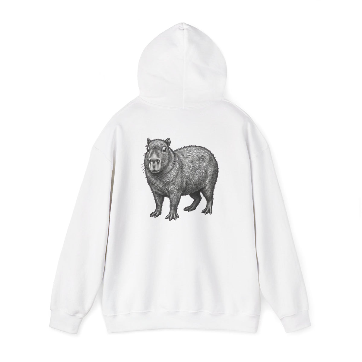 Gray hoodie featuring a large print of a capybara on the back from the Wyldelife Collection by Printify.