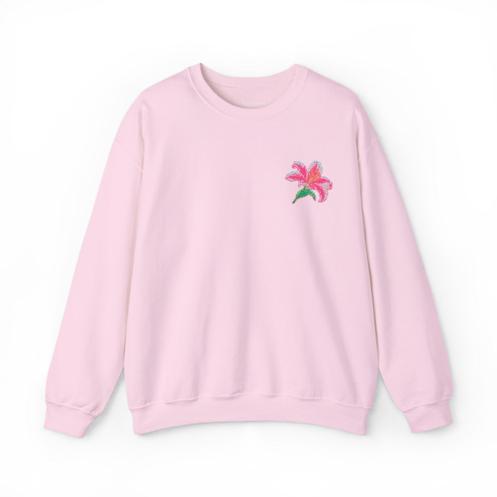Unisex embroidered Lily sweatshirt with floral design on the left chest, made by Printify, featuring a cozy jumper style.