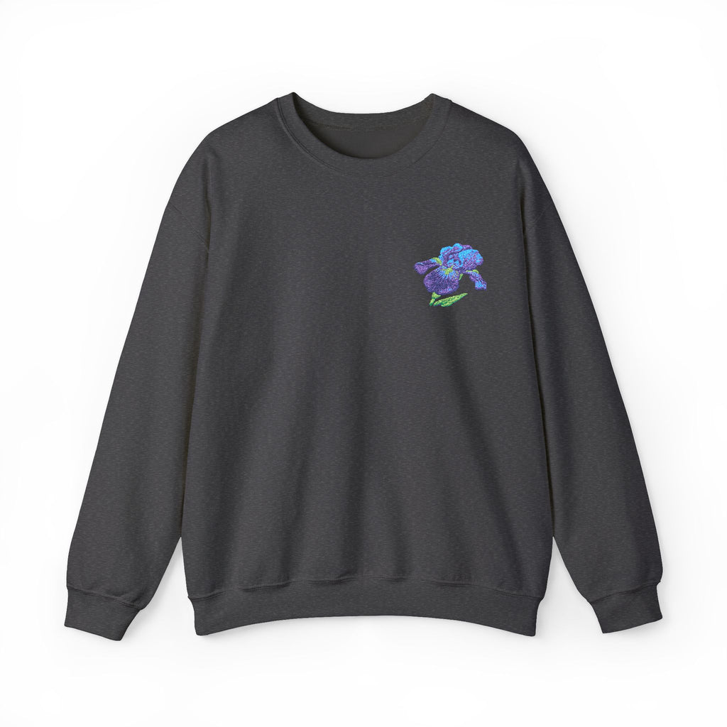 Unisex embroidered Iris sweatshirt with floral design on the left chest, featuring colorful flower embroidery on soft fabric.