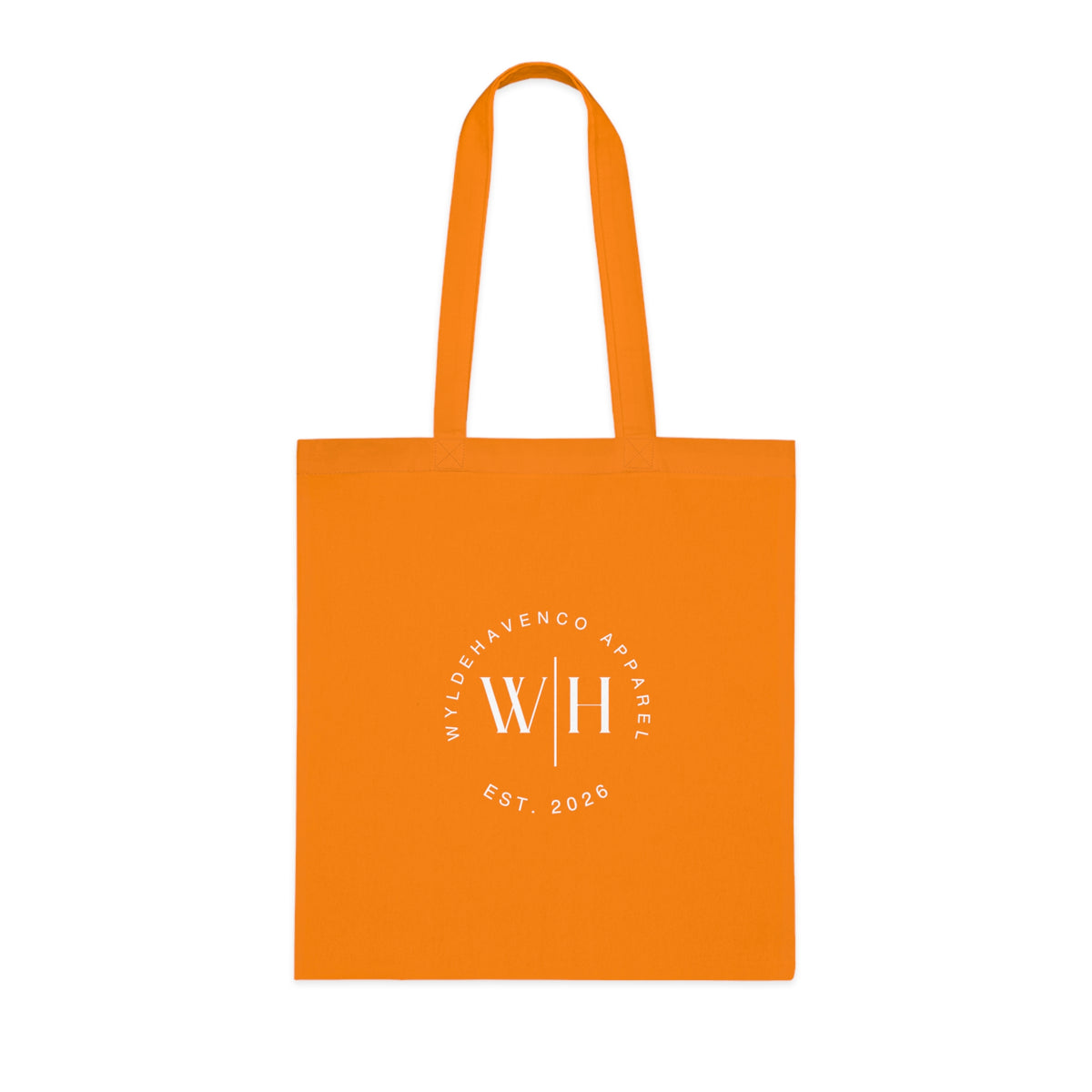 Printify cotton tote bag with monogram circle design and WH logo, featuring durable canvas material and shoulder straps.
