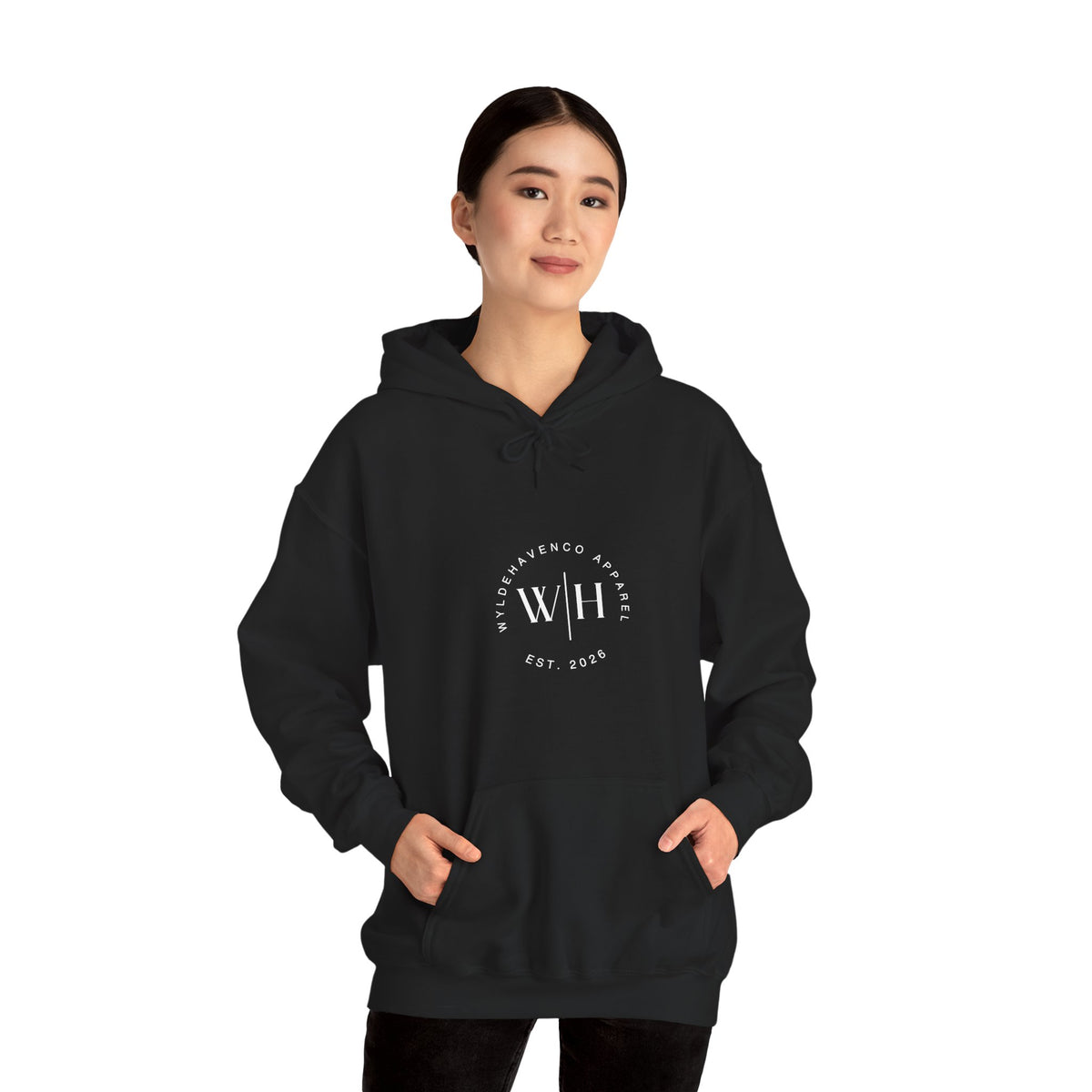 Black Monogram Circle Hoodie by WyldeHaven Apparel with Est. 2026 logo, featuring a soft fabric and front monogram design.