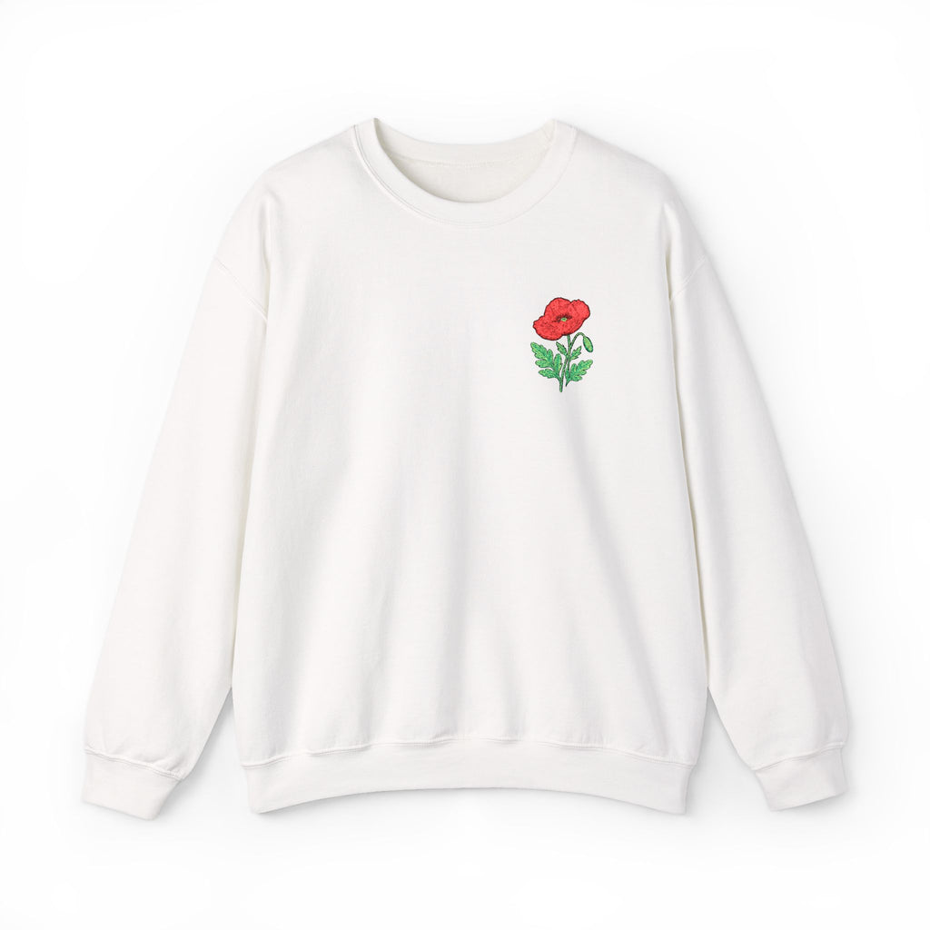 Unisex embroidered sweatshirt with floral poppy design on the left chest, featuring a casual, comfortable fit from Printify.