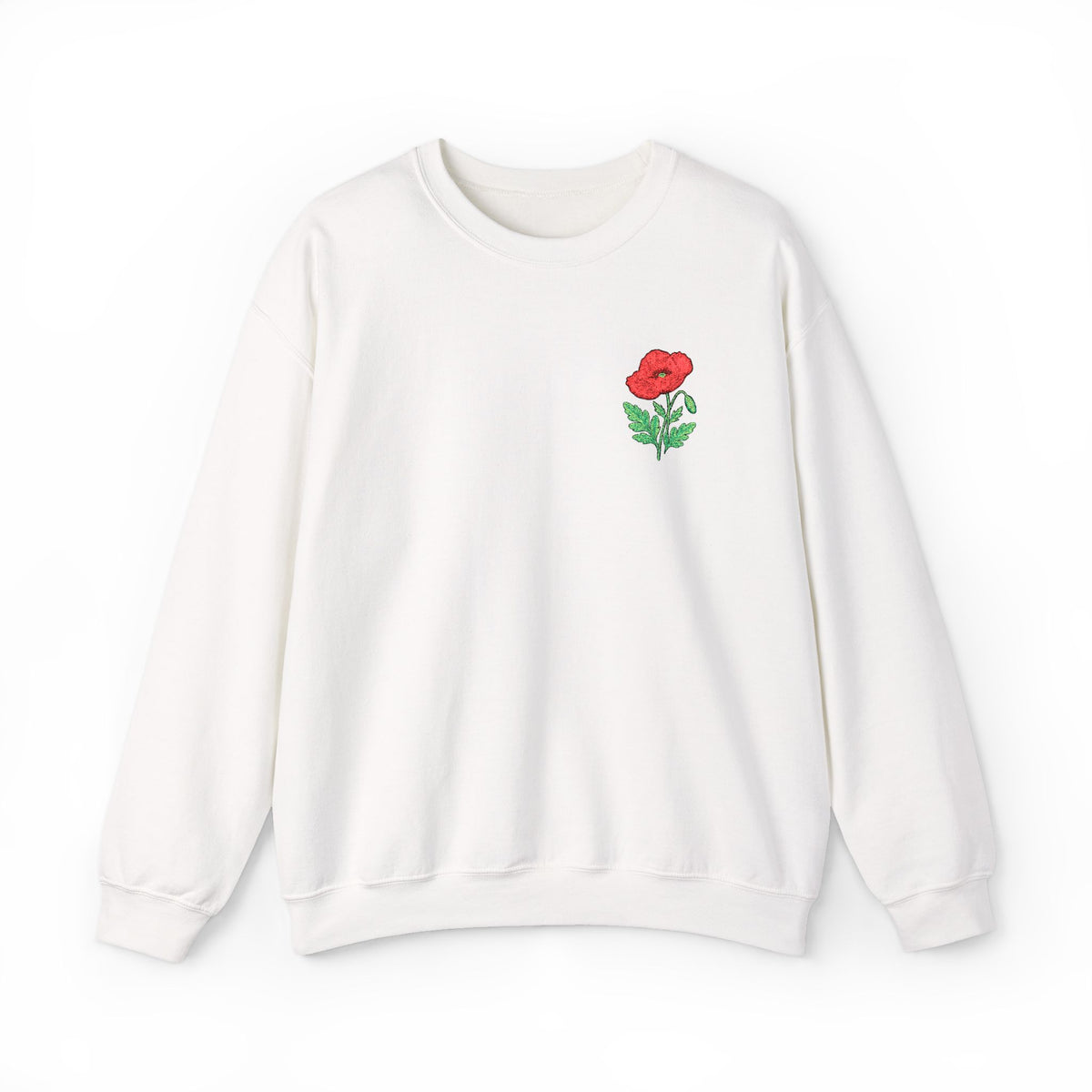 Unisex embroidered sweatshirt with floral poppy design on the left chest, featuring a casual, comfortable fit from Printify.