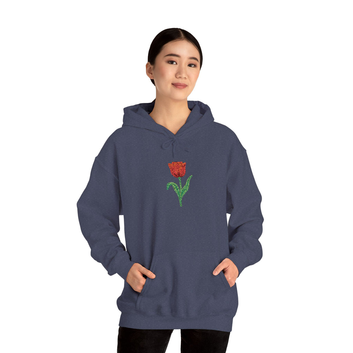 Red hoodie with embroidered red tulip floral design on the front, featuring a casual fit and soft fabric from Printify.