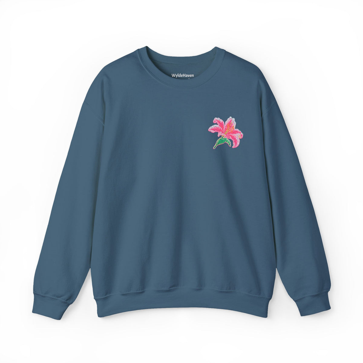 Unisex embroidered lily sweatshirt by Printify featuring floral design on the left chest, casual jumper in soft fabric.