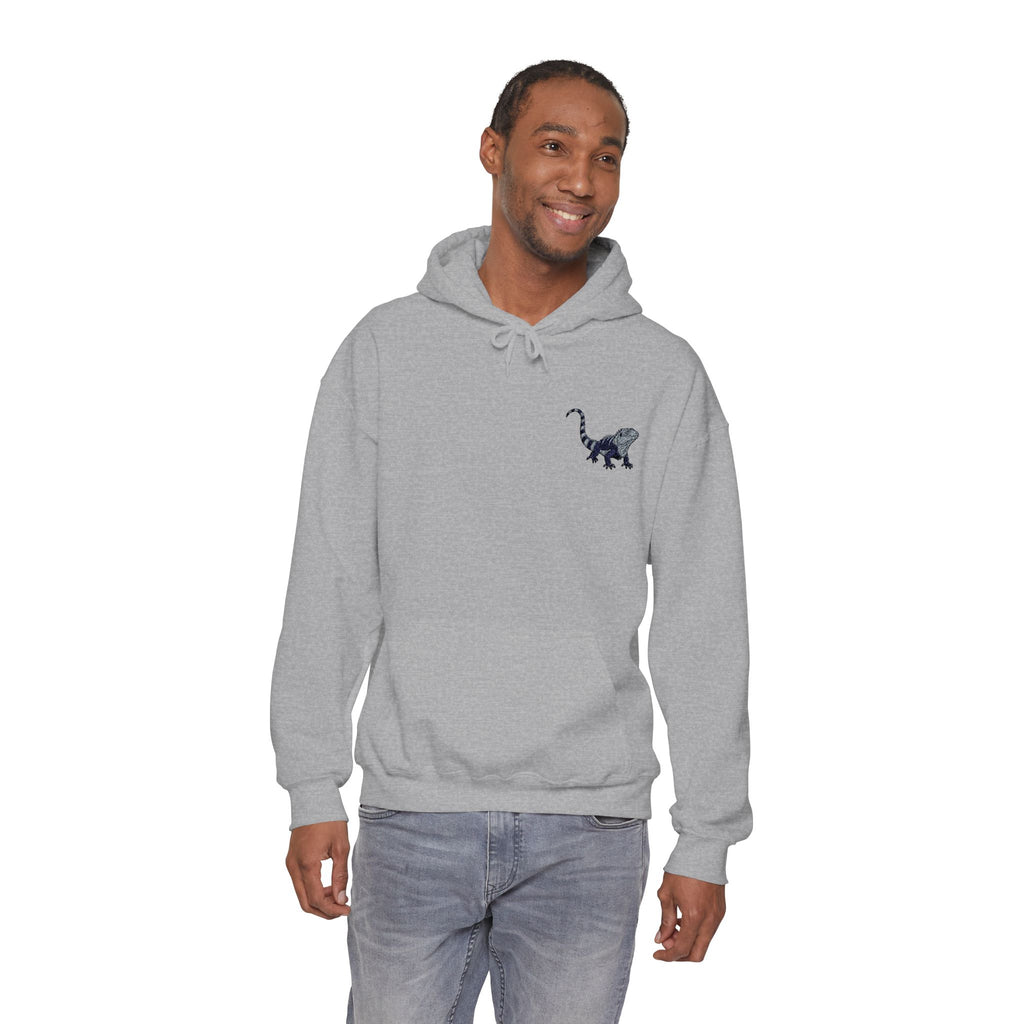 Unisex hoodie with detailed iguana embroidery, nature-inspired design, and comfortable fit from Printify's wildlife collection.
