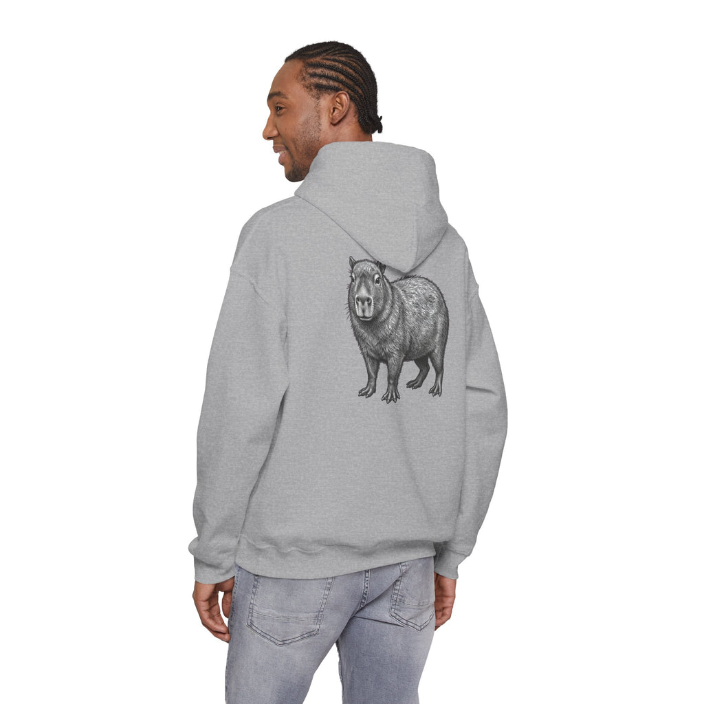 Printify Capybara Graphic Hoodie with large wildlife back print from Wyldelife Collection, featuring a detailed capybara illustration.