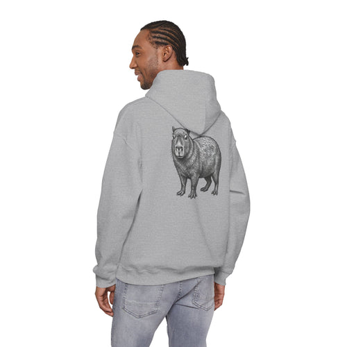Printify Capybara Graphic Hoodie with large wildlife back print from Wyldelife Collection, featuring a detailed capybara illustration.
