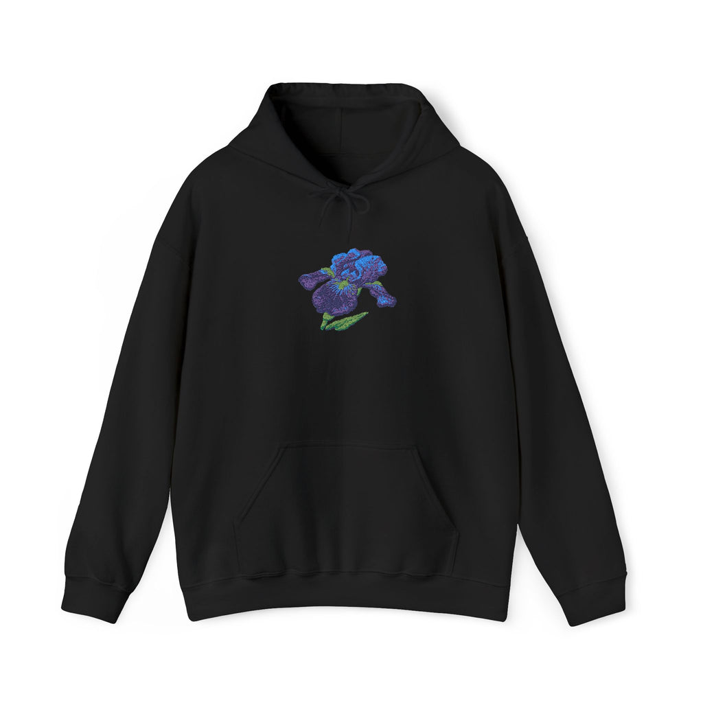 Embroidered iris flower hoodie by Printify with a floral design on the center front, featuring colorful embroidered flower details.