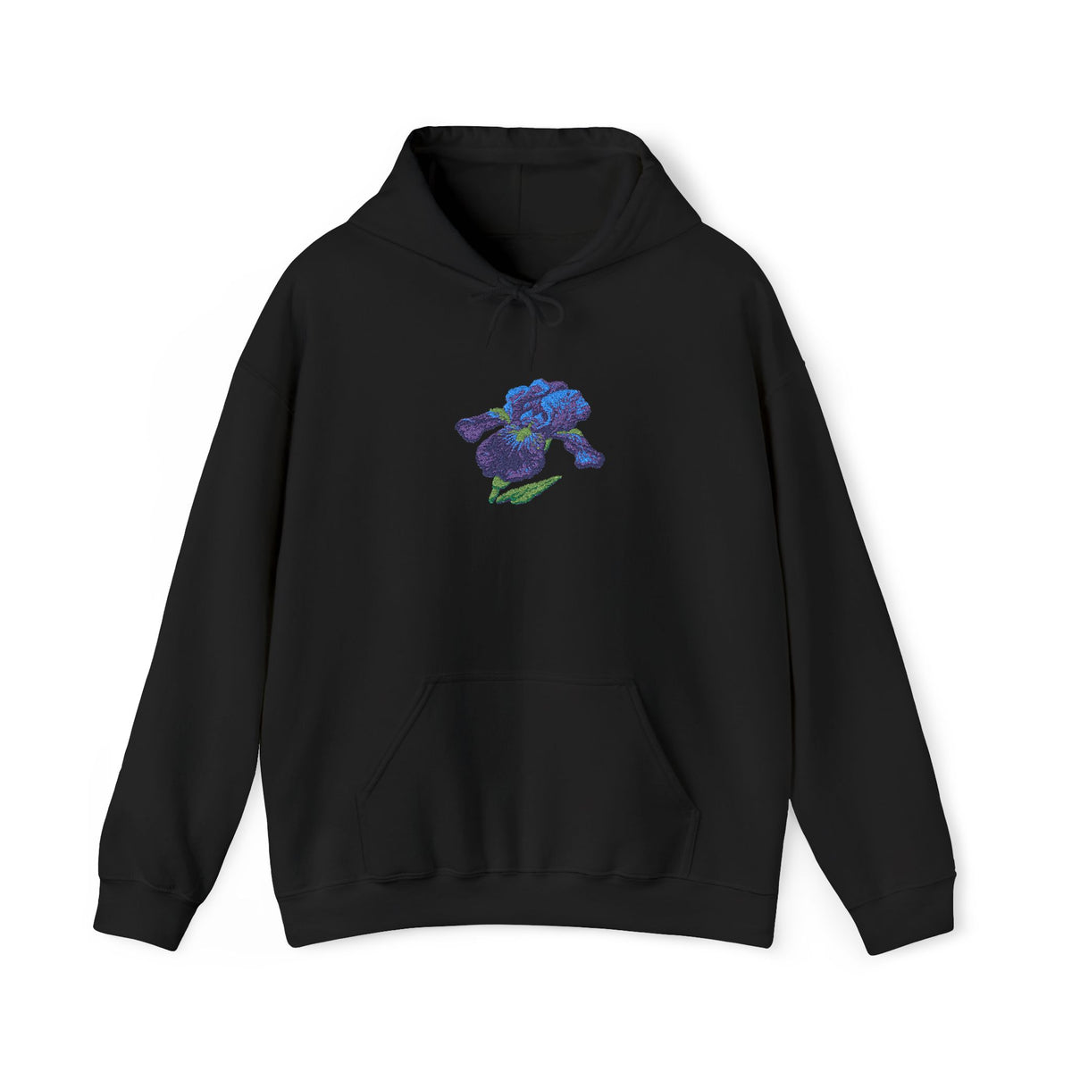 Embroidered iris flower hoodie by Printify with a floral design on the center front, featuring colorful embroidered flower details.