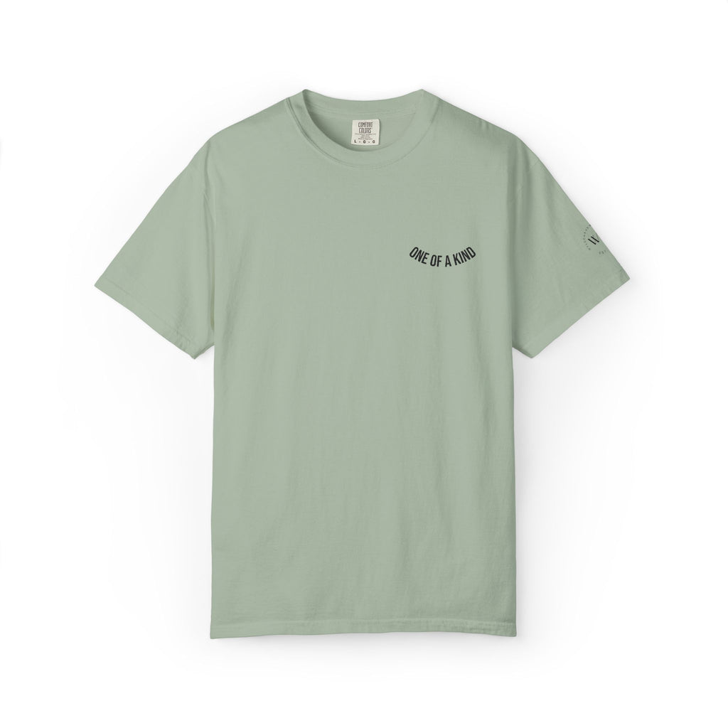 White "One of a Kind" Chest Logo T-Shirt by Printify featuring a minimalistic logo on the front, casual fit, and soft cotton fabric.