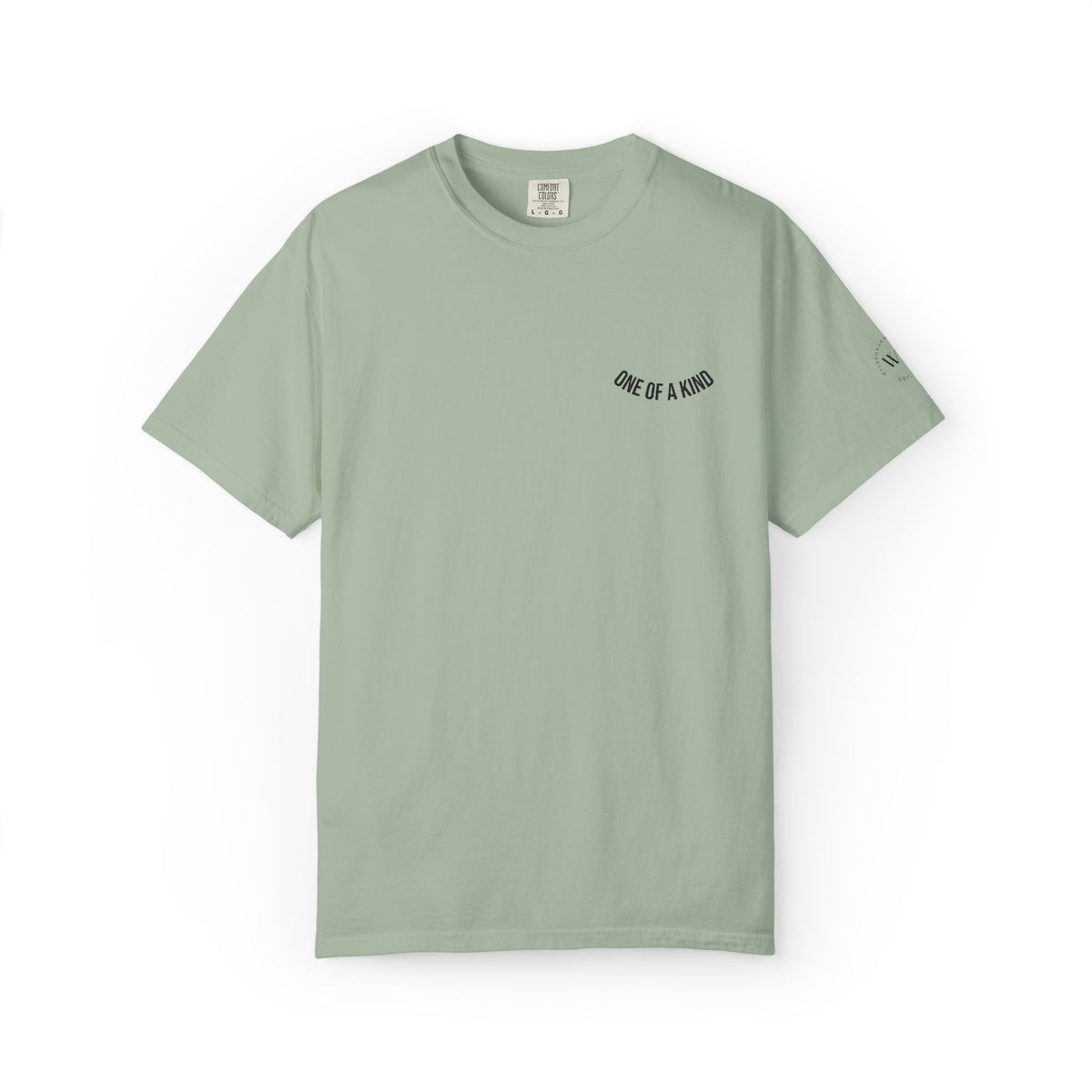 White "One of a Kind" Chest Logo T-Shirt by Printify featuring a minimalistic logo on the front, casual fit, and soft cotton fabric.