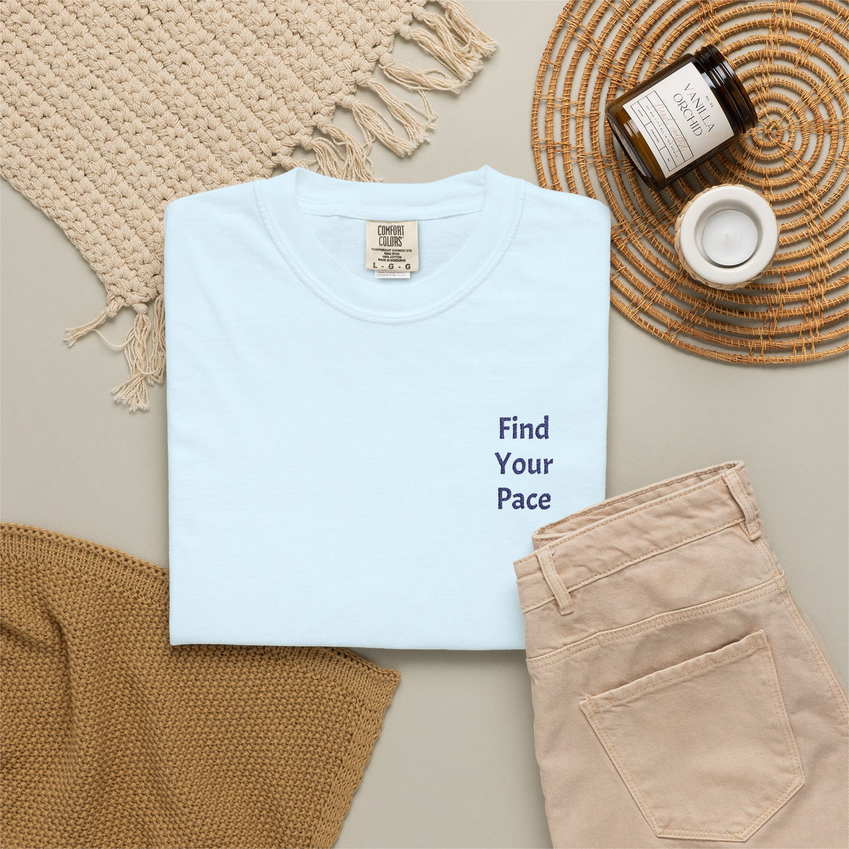 Black Find Your Pace T-Shirt by Printify featuring a minimal motivational chest print and casual fit.
