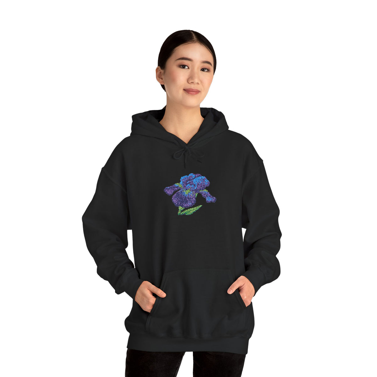 Embroidered Iris flower hoodie by Printify featuring a center front floral design on a casual hoodie.