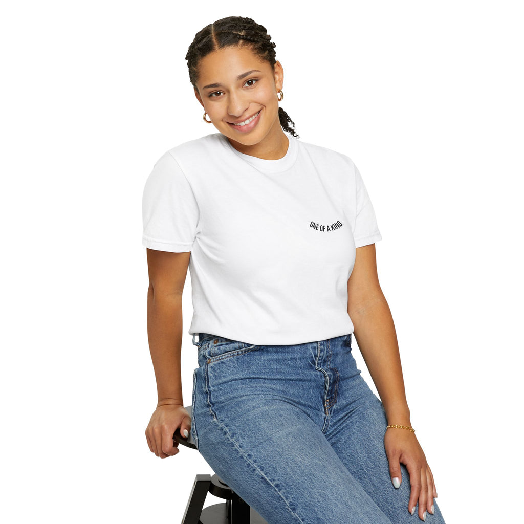 Black "One of a Kind" Chest Logo T-Shirt by Printify, featuring a front chest logo design on comfortable cotton fabric.