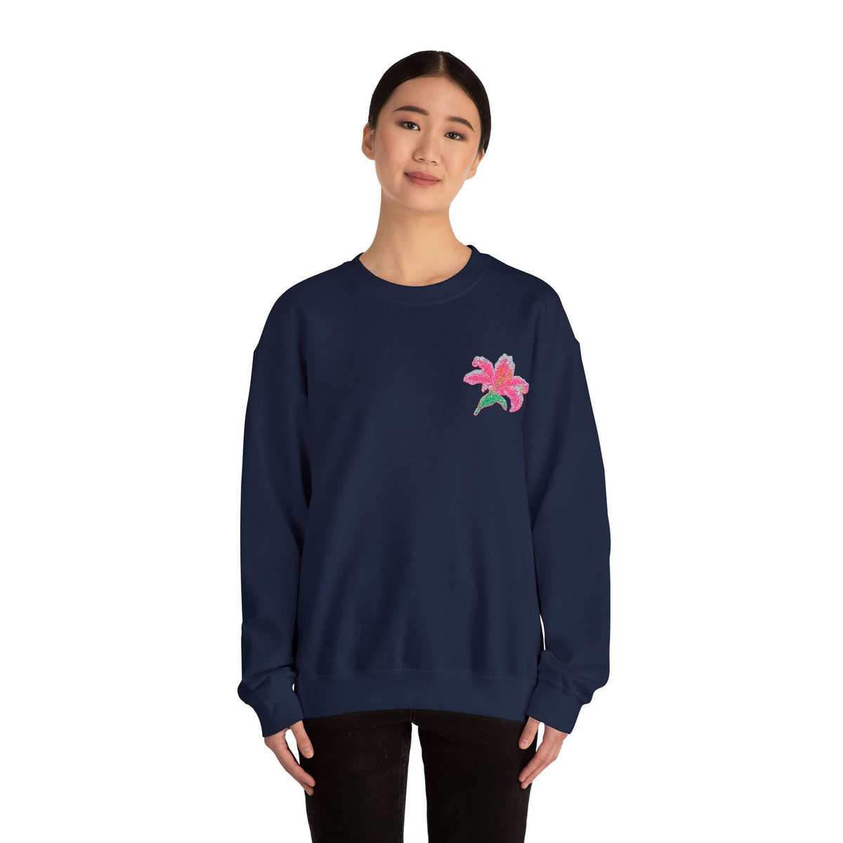Unisex white sweatshirt with embroidered lily floral design on the left chest, stylish and comfortable Printify jumper.