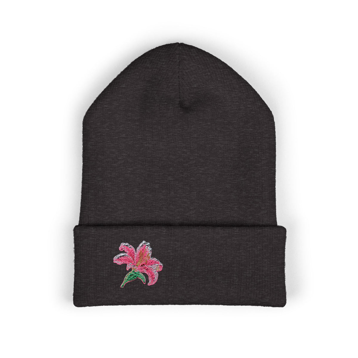 Pink Lily embroidered beanie hat with floral embroidery, soft knit cuff, perfect for winter, by WyldeHaven Apparel.