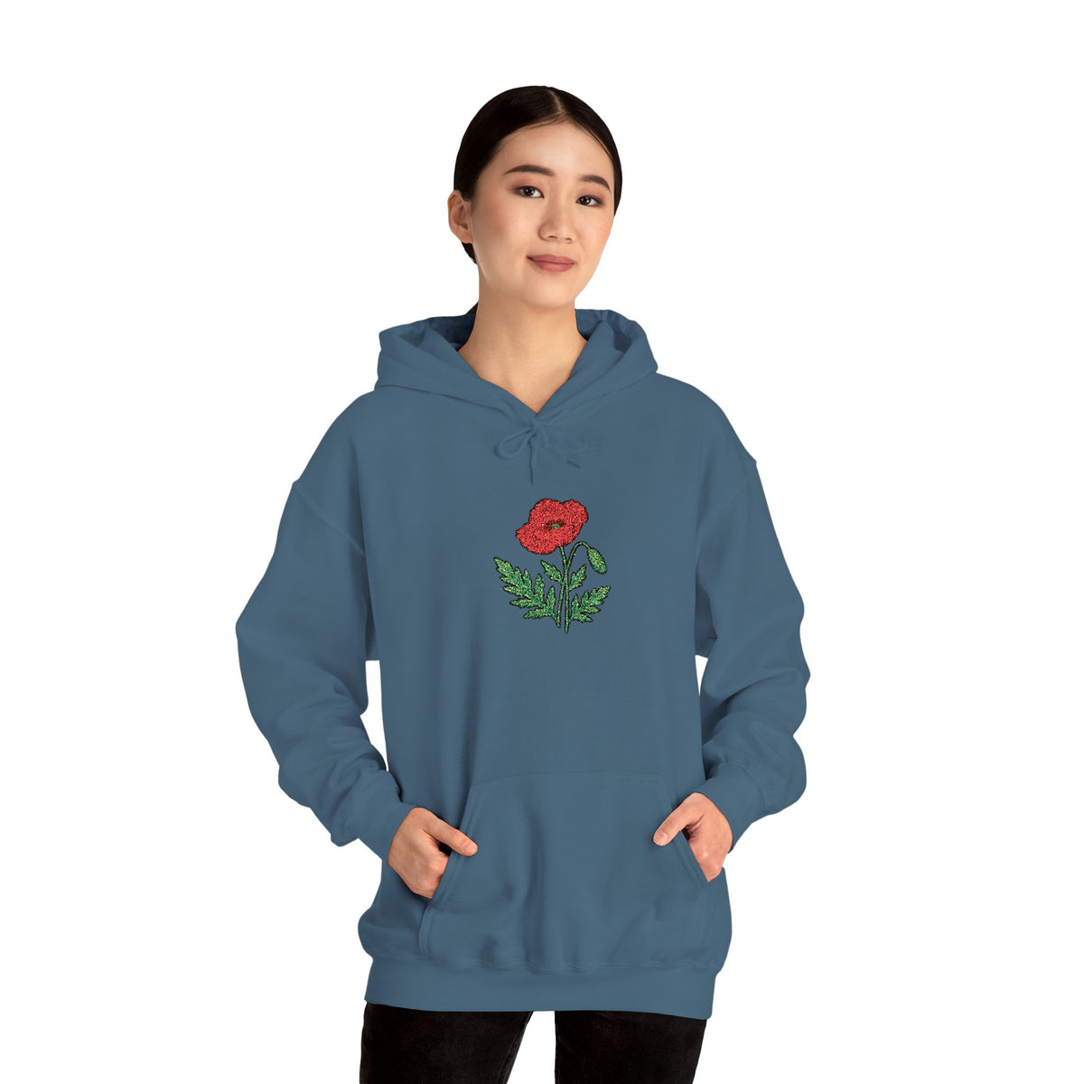 Red hoodie with embroidered red poppy floral design on the front, by Printify, featuring detailed embroidery and cozy fabric.