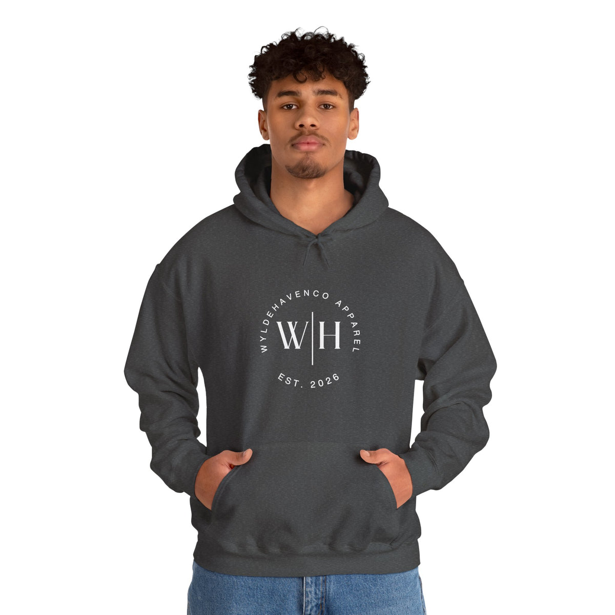 Black hoodie with WyldeHaven Apparel Est. 2026 logo and monogram circle design, made by Printify.
