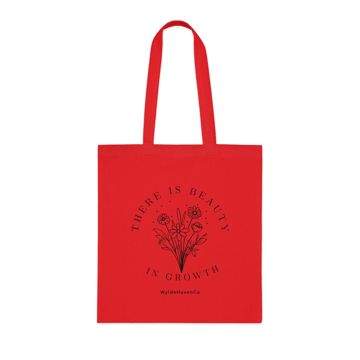 Floral cotton tote bag with "There Is Beauty In Growth" quote, featuring vibrant flower designs, by Printify.