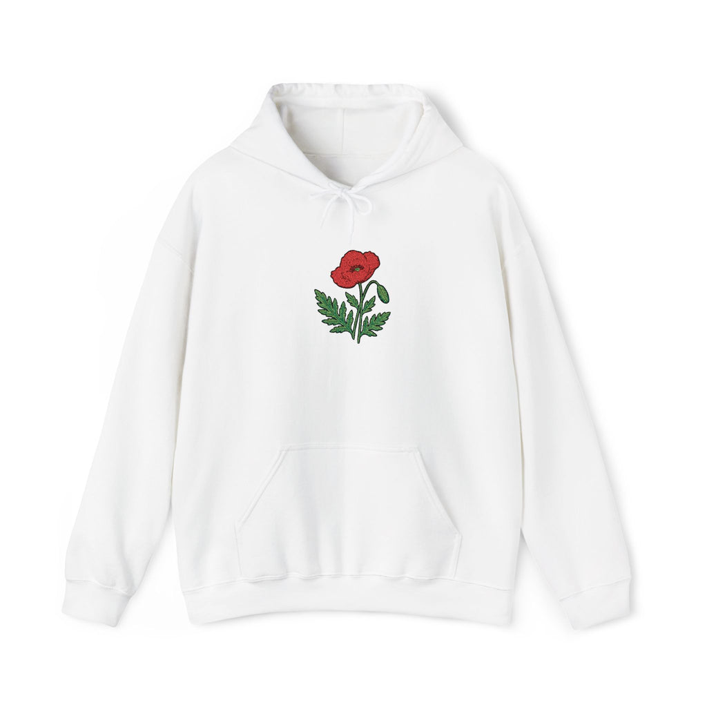 Red hoodie with embroidered red poppy floral design on the center front, from Printify, featuring detailed floral embroidery.